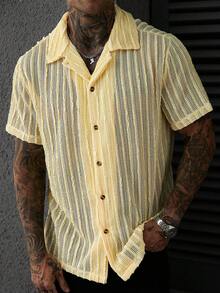 SLATEMANN Men's Solid Color Knit Jacquard Striped Textured Soft Summer Thin Loose Casual Vacation Short Sleeve Shirt - Yellow - View 6