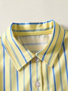 SHEIN Tween Girl Collared Long Sleeve Shirt And Striped Pants Set - Multicolor - View 6
