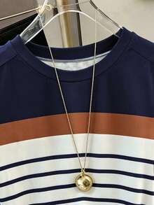 SHEIN Franclia 女款夏季海灘度假旅行校園休閒沿海時尚上衣 度假穿搭圓領短袖圖案T恤 海軍藍與白色 - 寶藍色 - 查看 3