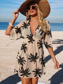 Swim Lushoire Women's Spring/Summer Beach Outfit, Printed Waist-Cinched 3/4 Sleeve V-Neck Vacation Dress, Cover-Up Dress - Apricot - View 5
