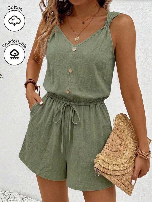 SHEIN Frenchy Women's Solid Color Button Design Pocket Sleeveless Romper, 100% Cotton