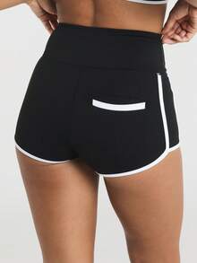 11SKNDS High Waist Athletic Running Shorts With Contrast White Piping Detail And Sporty Dolphin Hem Slim Fit Booty Shorts For Training Gym And Summer Workouts - Black and White - View 2
