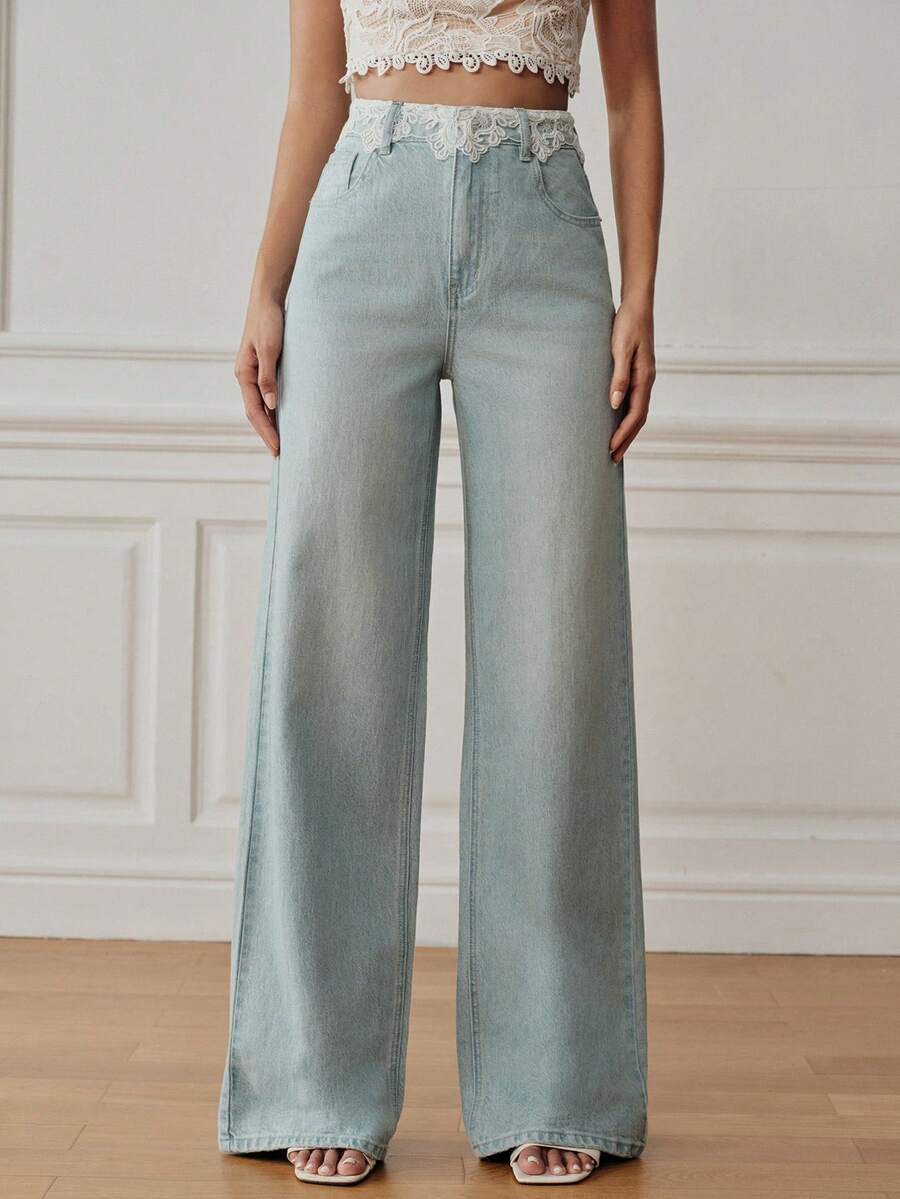 Anewsta Essential 白色蕾絲腰帶藍色直筒牛仔褲 - 藍色 - 查看 1