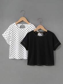 SHEIN 少女春夏季 2 件組休閒時尚露背交叉開背對比線條復古圓點印花設計圓領連肩短袖寬鬆版型 T 恤，返校季，親子穿搭童裝 - 黑與白 - 查看 2