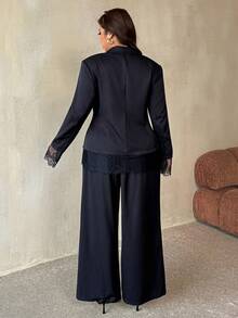 Auralis Plus Size Women Solid Color Notch Lapel Single Breasted Long Sleeve Blazer And Pants Casual Daily Suit Set - Black - View 5