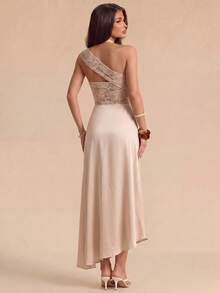 SHEIN Glamour Vestido midi de encaje color albaricoque con un hombro, vestido formal con abertura alta y envolvente asimétrica, vestido de noche elegante y ajustado, adecuado para graduación, baile de graduación y atuendos de invitada de boda - Albaricoque - Ver 3