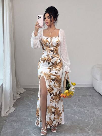 SHEIN Raffinéa Women's Fashion Elegant Long Dress Woven Jacquard Long Sleeve Printed Dress Vacation Beach Dress Elegant Fashion Long Dress