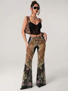 SHEIN ICON 女款時尚百搭豹紋與花卉印花喇叭褲 - 棕色 - 查看 5
