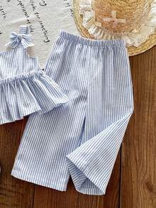 Emery Rose Kids Emery Rose Kids 女童蝴蝶結裝飾百褶條紋上衣與長褲休閒日常套裝 - 藍白色 - 查看 6