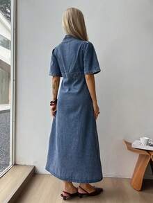DAZY Women's Loose Casual Long Denim Short Sleeve Dress, Summer - Blue - View 2