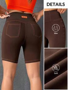 SHEIN PETITE CURVE Quần short biker cỡ lớn với họa tiết chữ thêu nổi bật. - Cà phê nâu - Xem 7