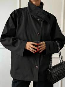 DAZY Jaket Wanita Regular Fit Longgar Bahu Jatuh Lengan Pendek Kancing Depan Kerah Tegak Warna Hitam Polos, Musim Panas & Gugur - Hitam - View 5