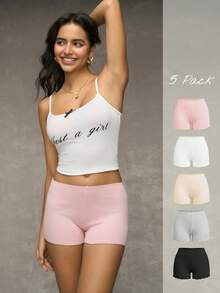 Esseday 5pcs Solid Ribbed Knit Boyshorts - Multicolor - View 5