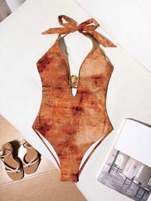 Bonvoyette Women's Spring/Summer Fashion Printed One-Piece Swimsuit With Metal Decor, Halter Neck, Open Back, Beach Vacation Style - Orange - View 3