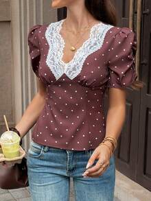 Elyressa Large-Size Lady's Woven Business Casual French Polka Dot Elegant Summer Blouse High Tea Date Brown And White - Coffee Brown - View 7