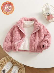 Baby Girl Winter Zipper Long Sleeve Heart Pattern Jacket - Pink - View 8