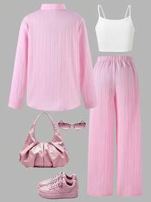 Regreso a la Escuela 3 Piezas Camisa con Botones y Cuello para Adolescentes en Rosa Sólido, Top Corto de Tirantes & Pantalones Largos - Rosa - Ver 2