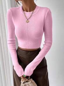 SHEIN Raffinéa 女款純色休閒百搭日常穿著長袖針織衫 - 粉色 - 查看 3