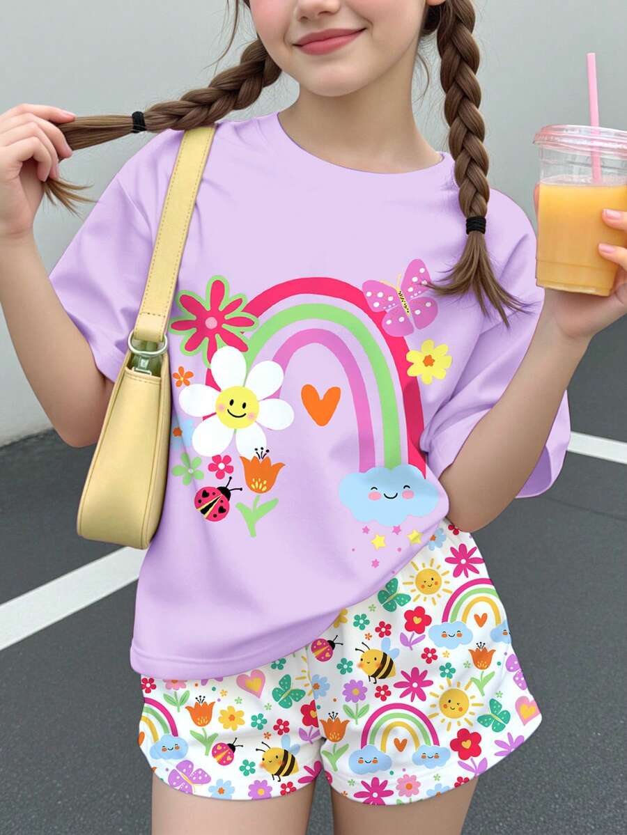 Tween女孩休閒可愛俏皮花卉臉孔、彩虹、昆蟲、蝴蝶印花短袖上衣與短褲2件套,適合夏季,圖案、卡哇伊、Y2K、舒適,女孩套裝,度假 - 彩色 - 查看 1