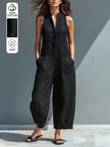 SHEIN PETITE This Pure Cotton Black Jumpsuit Is Lazy And Slimming, With Cargo Pockets And Wide-Leg Silhouette, Creating A Relaxed Vibe! - Black - View 7