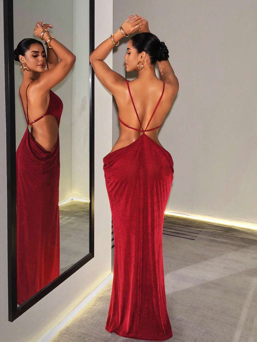BamGleam Women's Solid Color Cowl Neck Waist Cutout Sexy Sleeveless Dress