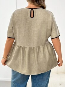 SHEIN CURVE+ Kemeja Kasual Musim Panas Ukuran Besar dengan Trim Kontras - Aprikot - View 2