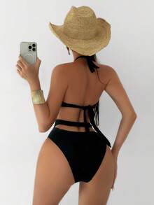Swim SXY 女士纯金色装饰后背系带连体泳衣 - 黑色 - 查看 2