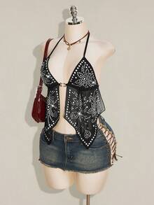 SHEIN ICON Women's Rivet Design Mesh Halter Neck Tank Top With Sexy Slit Hem - Black - View 5