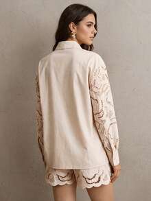 Anewsta Summer New Elegant Loose Fit Semi-Sheer Women Blouse - Apricot - View 5