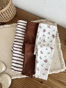 SHEIN Vintaside Kids 女嬰 3 件組春夏/秋冬長褲套裝，花卉數位印花 + 條紋數位印花 + 素色，3 件休閒簡約可愛長褲，適合戶外活動與休閒穿著 - 彩色 - 查看 4