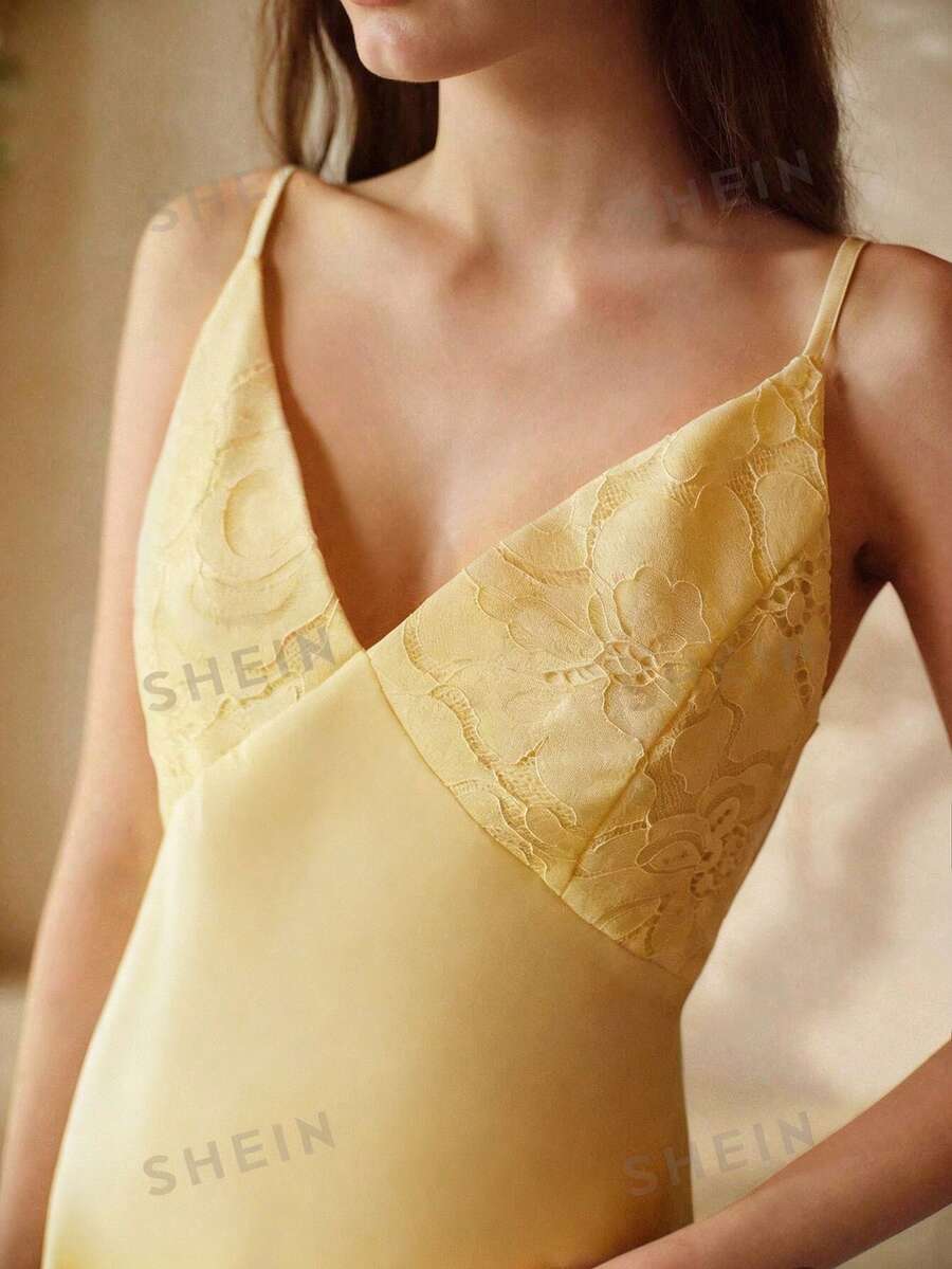 MOTF PREMIUM WOMEN'S CONTRAST LACE CAMISOLE SLEEP DRESS - Yellow - View 1