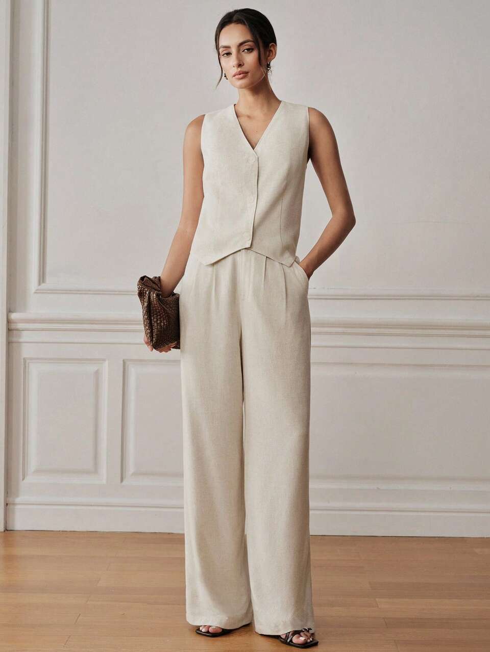 Anewsta Women's Summer Linen Natural Color Straight Leg Casual Draped Old Money Style Long Pants