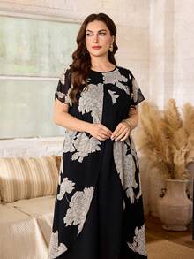 Lacomfia Plus Size Women's Chiffon Printed Double Layer A-Line Casual Dress - Black - View 6