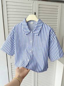 SHEIN Tween Girl Casual Daily Fashion Yellow & Black Striped Loose Short Sleeve Shirt - Blue - View 5