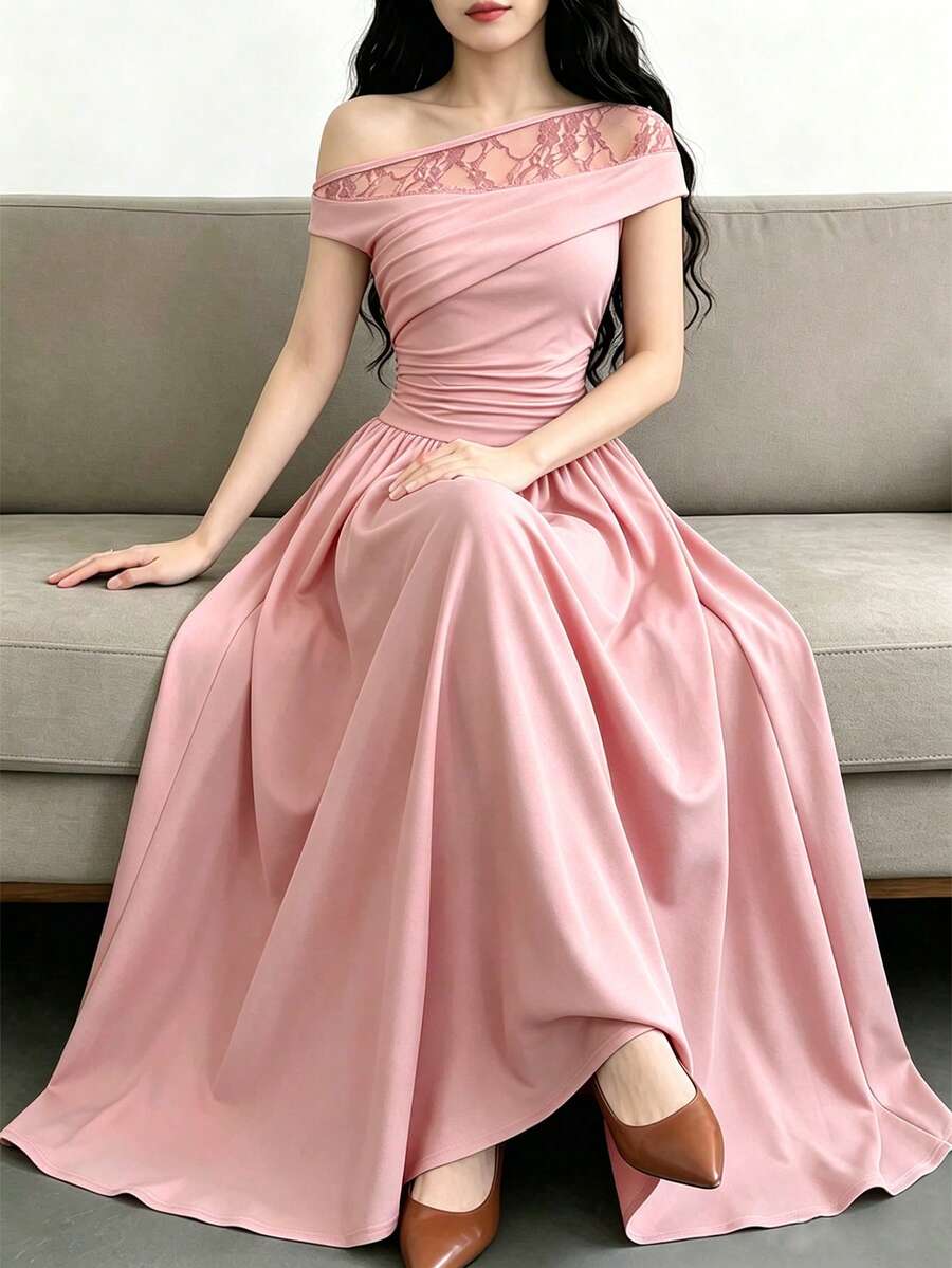 SHEIN 少女優雅可愛時尚奢華晚禮服，不對稱單肩掛脖修身收腰長洋裝，夏季舞會 Sweet 16 粉色