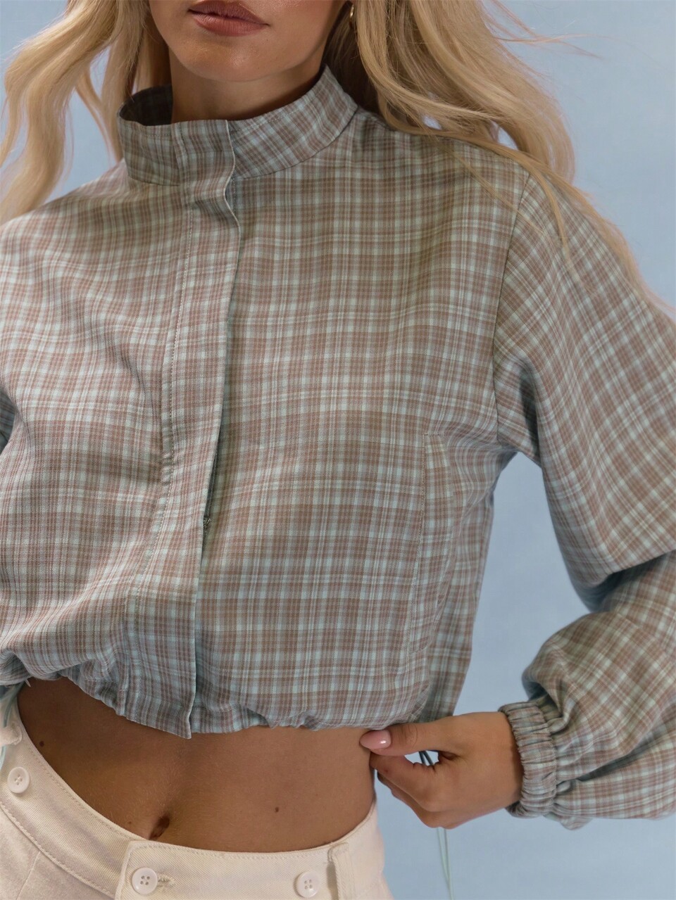 Checked Balloon Sleeve High Neck Cropped Drawstring Jacket