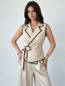 Firerie Blazer delgado envolvente con cintura de lazo para mujer, color albaricoque con ribete de contraste, minimalista y elegante, chaleco sin mangas con cuello en V, chaqueta con lazo que ciñe la cintura, chaqueta con borde de contraste, top para mujer de oficina, adecuado para verano, otoño, ceremonia de graduación, Día del Maestro, temporada de regreso a clases, primavera/verano, vacaciones, elegante casual de negocios - Albaricoque - Ver 3