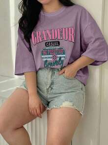 Dazy Plus Kaos Kasual Longgar Leher Bulat dengan Cetakan Huruf Grafis untuk Anak Perempuan, Atasan Lucu Musim Semi/Panas, Kaos Oversize untuk Wanita - Dusty Purple - View 2