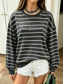 DrmWander 大尺碼女款黑白休閒寬鬆拼接條紋長袖運動衫，街頭風 - 彩色 - 查看 4