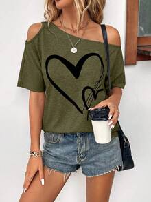SHEIN Clasi Plus Size Heart Print Asymmetric Neckline T-Shirt Trail Ride Office Olive Green Summer Elegant Business Casual - Army Green - View 4