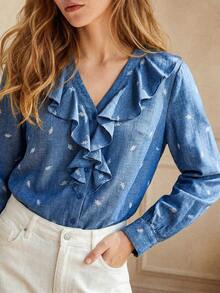 Écloséra Women's Spring/Autumn Commute & Date Printed Open Front Ruffle Trim Blouse - Blue - View 5