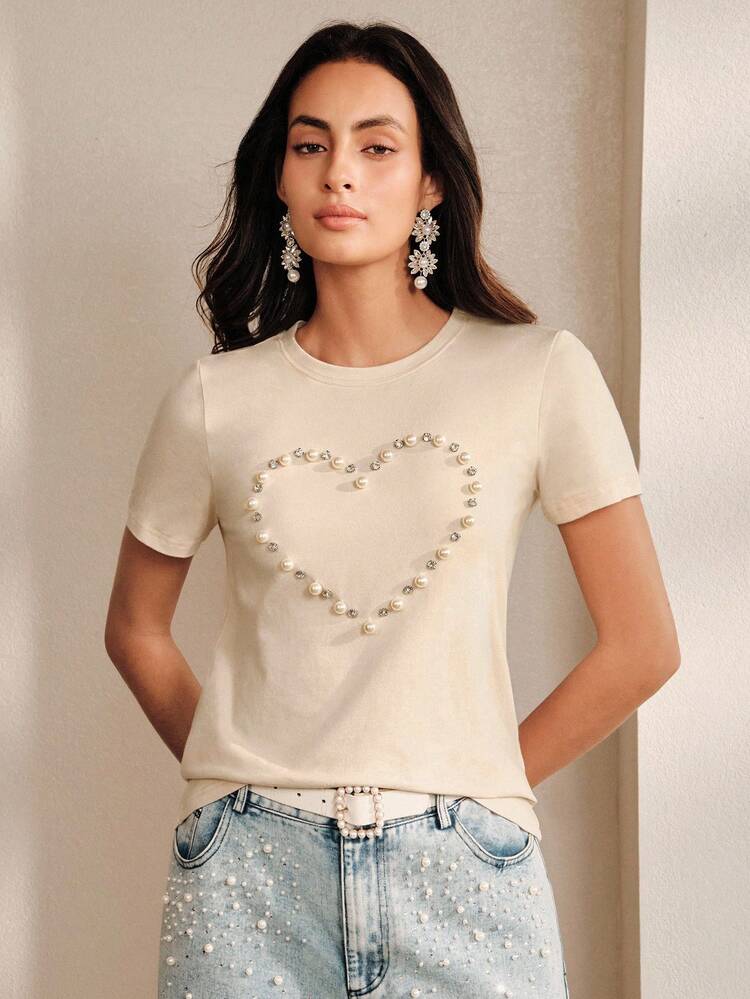 Anewsta Women's Elegant Romantic Casual Glamorous Rhinestone T-Shirt For Daily Commute Date Apricot Summer - Apricot - View 4