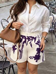 GlowEve CURVE Plus Size Women's Spring/Summer Fashion Commute Printed Pattern A-Line Shorts - Purple - View 1