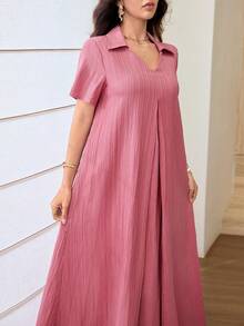 Al Najma Textured Fabric Casual Flared Shirt Collar Daily Women's Arabian Dress - Coral Pink - View 6
