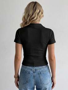 Dazy-Less Summer Autumn June Festival Collared Short Sleeve Button-Up Slim Fit Solid Black Ribbed Knit Cropped Tank Top For Women - Black - View 2