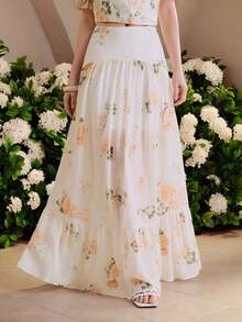 SHEIN Zanirela Women's Set Crop Top High Waist Tiered Maxi Skirt Chiffon Ruffle Short Sleeve Romantic Resort Off White Pink Rose Floral 2 Pieces Sets For Women Holida - Beige - View 7
