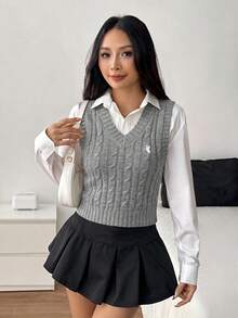 SHEIN PETITE 女款騎士圖案麻花編織V領休閒背心 - 淺灰色 - 查看 6