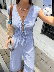 SHEIN Frenchy Women's Blue And White Stripe Vacation Versatile Tie-Waist Loose Jumpsuit Summer Tropical Casual - Blue and White - View 7