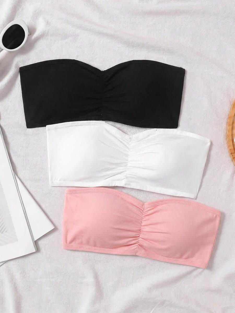 SHEIN Tween Girl 3件組休閒抹胸內衣背心內褲套裝,黑白粉色,四季適用 - 粉色 - 查看 1
