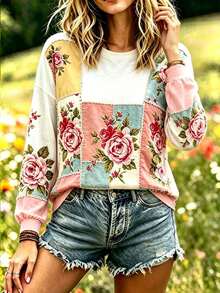 Selamara Women's New Floral Embroidered Print Long Sleeve Casual Crew Neck T-Shirt - Multicolor - View 5